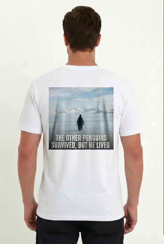 Erkek Oversize Tişört - Sırt Baskılı Survivor Penguin Temalı, Felsefi Yazılı Bisiklet Yaka Tişört - - Görsel 2