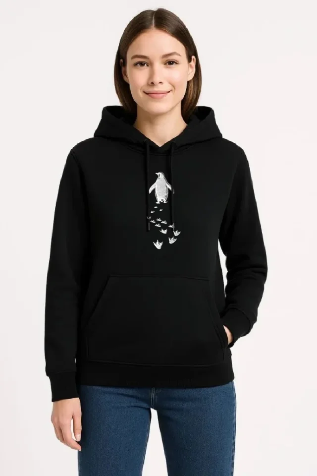 Nihilist Penguen Temalı Oversize Kapüşonlu Sweatshirt - Siyah - Görsel 2