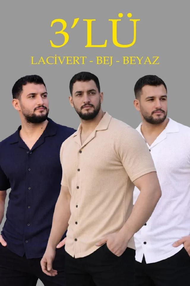 Erkek Waffle Dokuma Açık Yakalı Düğmeli Regular Kalıp 3’lü Gömlek Seti - Bej, Beyaz, Lacivert - Görsel 2