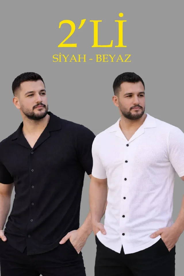 Erkek Waffle Dokuma Açık Yakalı Düğmeli Regular Kalıp 2’li Gömlek Seti - Siyah - Beyaz - Görsel 2