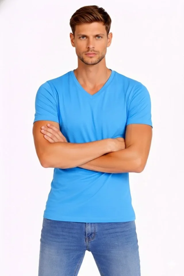 Erkek T-Shirt V Yaka Slim Fit Dar Kesim Likralı Tişört Günlük Basic Body - Açık Mavi - Görsel 2
