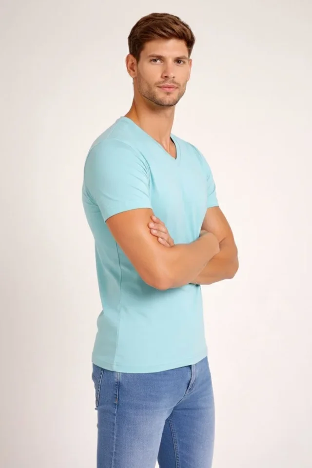 Erkek T-Shirt V Yaka Slim Fit Dar Kesim Likralı Tişört Günlük Basic Body - Turkuvaz - Görsel 2