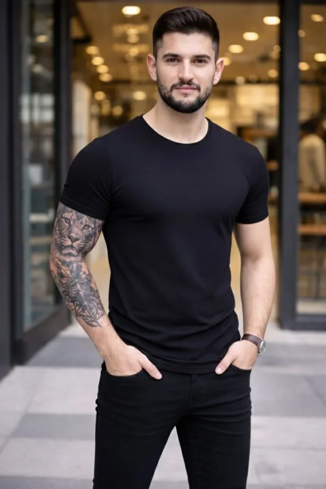 Erkek T-Shirt Bisiklet Yaka Slim Fit Dar Kesim Likralı Tişört Günlük Basic Body - Siyah - Görsel 2