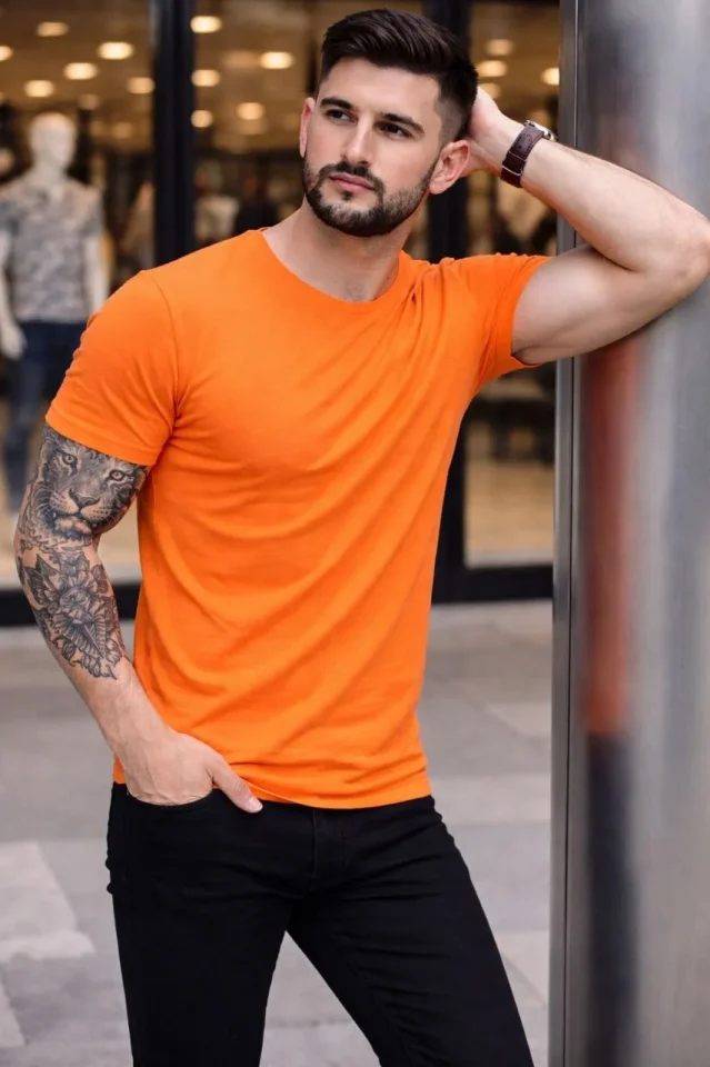 Erkek T-Shirt Bisiklet Yaka Slim Fit Dar Kesim Likralı Tişört Günlük Basic Body - Turuncu - Görsel 2