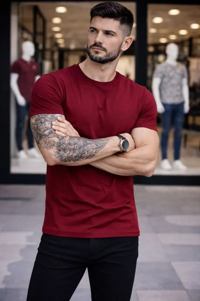 Erkek T-Shirt Bisiklet Yaka Slim Fit Dar Kesim Likralı Tişört Günlük Basic Body - Bordo - Görsel 2