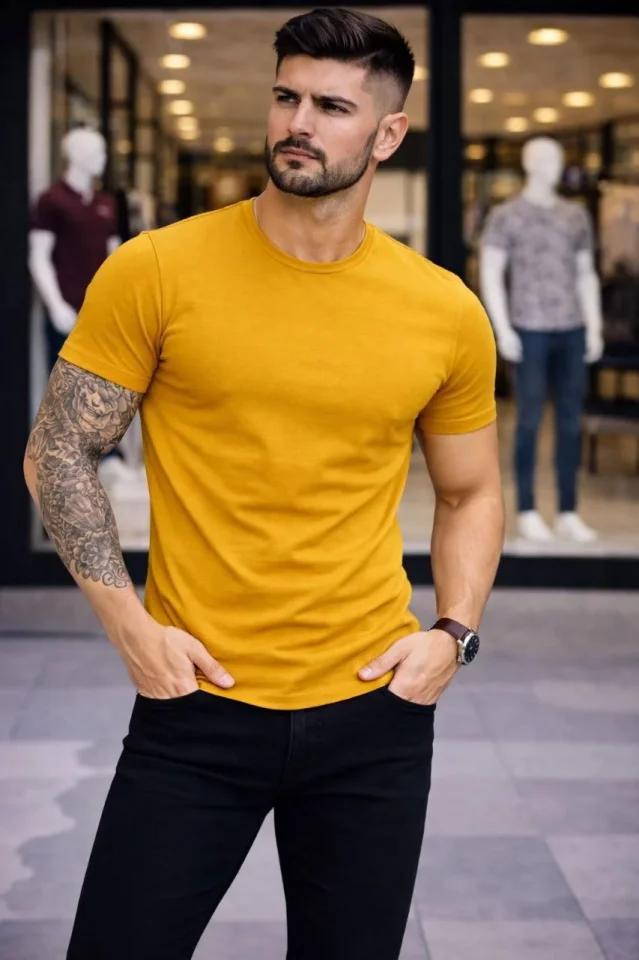 Erkek T-Shirt Bisiklet Yaka Slim Fit Dar Kesim Likralı Tişört Günlük Basic Body - Limon - Görsel 2