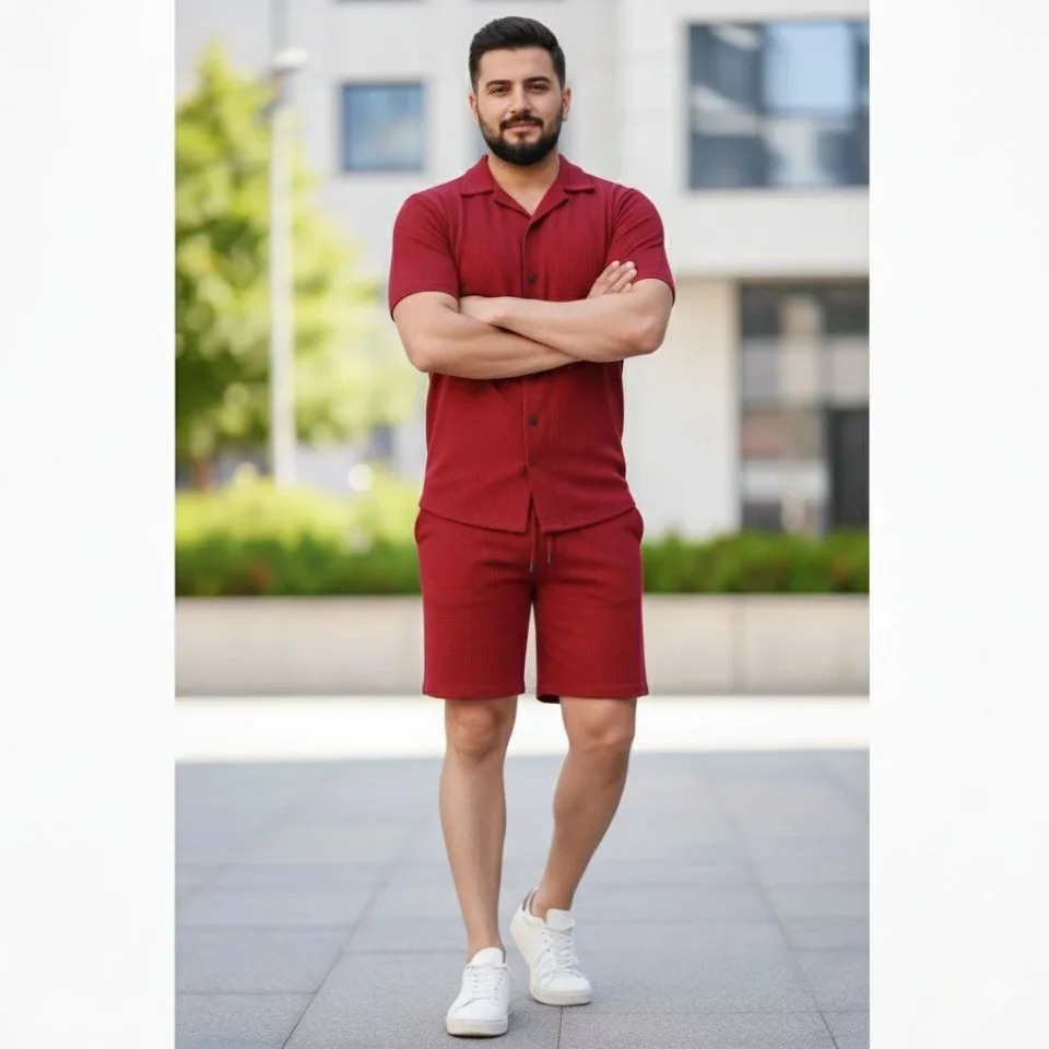 Erkek Waffle Kumaş Kısa Kollu Gömlek Şort Takım Regular Fit Yazlık İkili Set - Bordo - Görsel 2