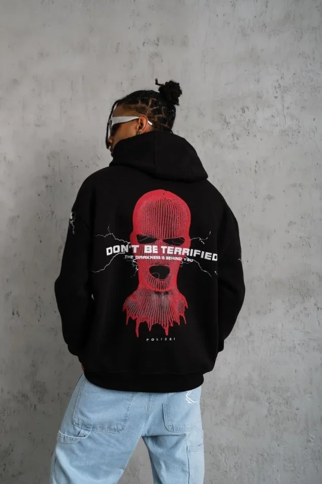 Erkek Oversize Üç İplik Kapüşonlu Sweatshirt – Siyah “Don’t Be Terrified” Ön, Sırt Ve Kol Baskılı, K - Görsel 2