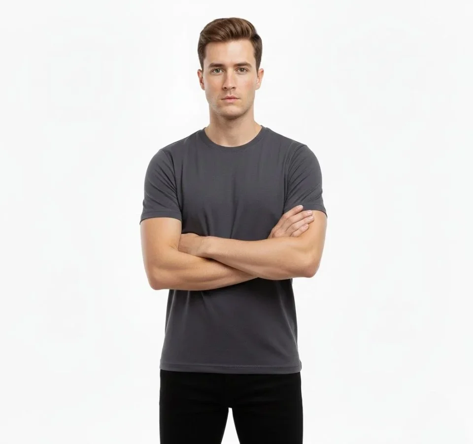 Erkek T-Shirt Bisiklet Yaka Slim Fit Dar Kesim Likralı Tişört Günlük Basic Body - Füme - Görsel 2