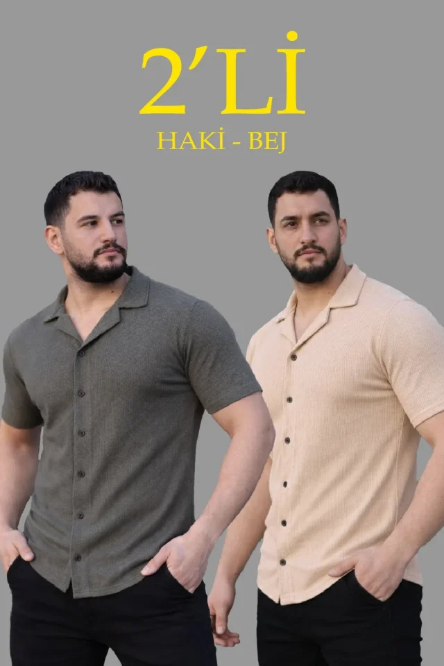 Erkek Waffle Dokuma Açık Yakalı Düğmeli Regular Kalıp 2’li Gömlek Seti - Haki - Bej - Görsel 2