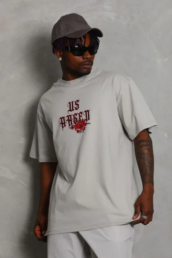 ERKEK Oversize Baskılı Bisiklet Yaka T-Shirt - Gri - Görsel 2