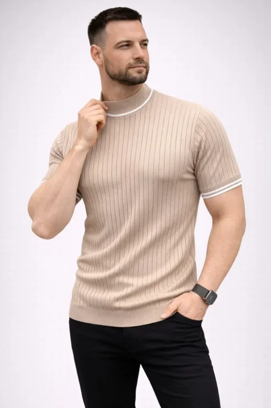 Erkek Fitilli Triko Dokuma Kısa Kol Tişört Yarım Boğaz Modern Yazlık T-Shirt - Bej - Görsel 2