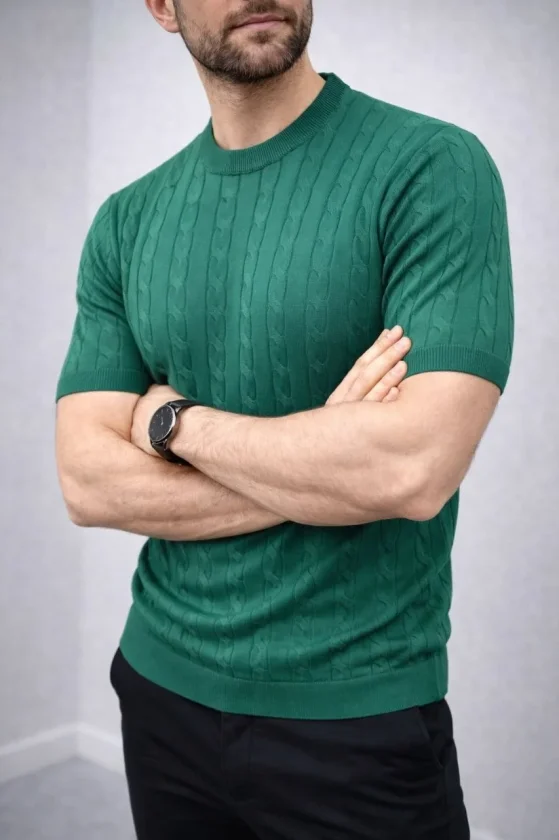 Erkek Yazlık Triko Dokuma Tişört Kısa Kol Bisiklet Yaka Örgü Desenli T-Shirt - Haki - Görsel 2