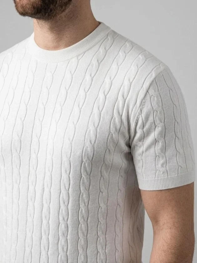 Erkek Yazlık Triko Dokuma Tişört Kısa Kol Bisiklet Yaka Örgü Desenli T-Shirt - Beyaz - Görsel 2
