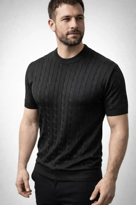 Erkek Yazlık Triko Dokuma Tişört Kısa Kol Bisiklet Yaka Örgü Desenli T-Shirt - Siyah - Görsel 2