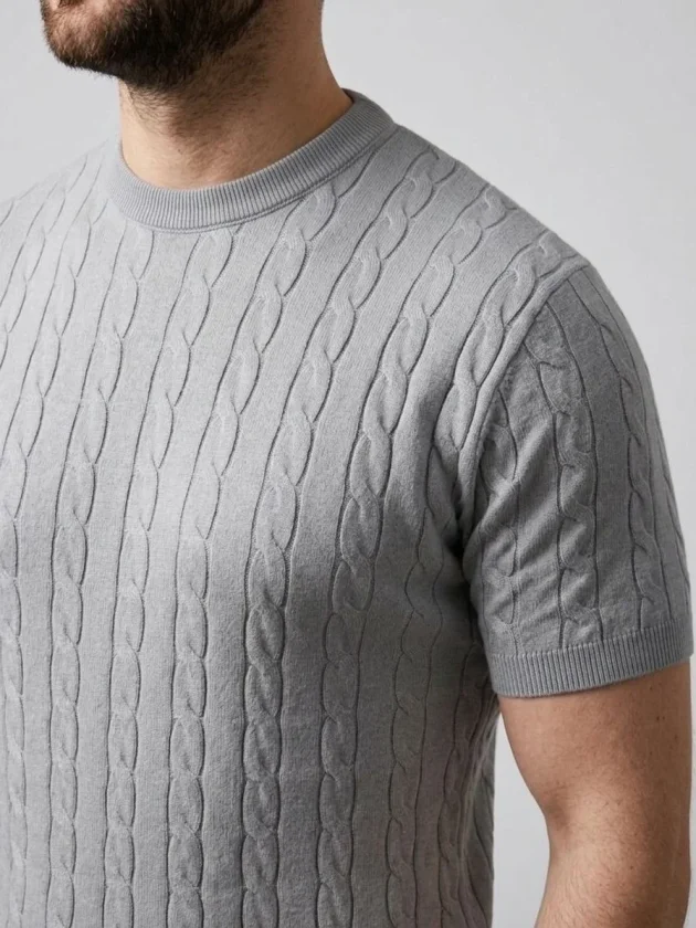 Erkek Yazlık Triko Dokuma Tişört Kısa Kol Bisiklet Yaka Örgü Desenli T-Shirt - Gri - Görsel 2