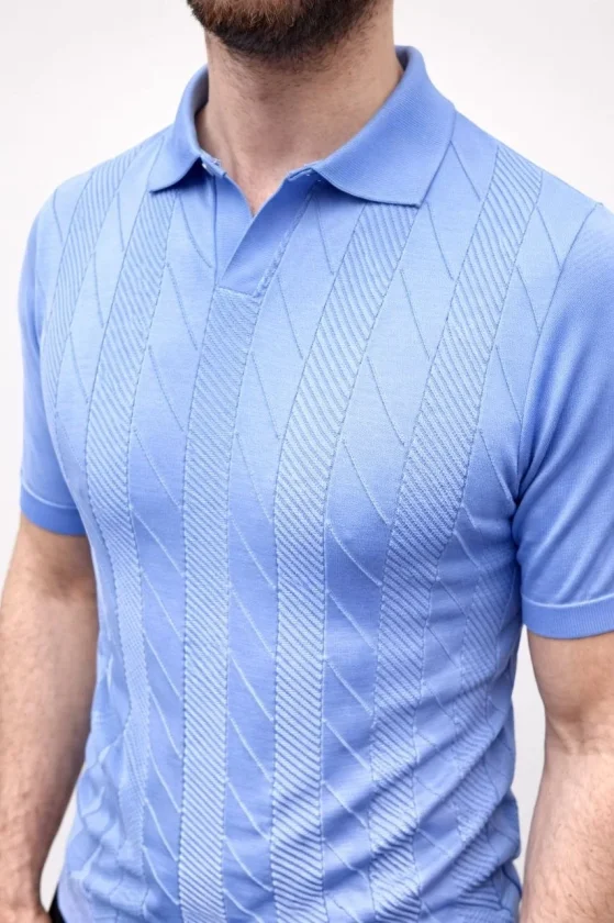 Erkek Yazlık Triko Dokuma Tişört Kısa Kol Polo Yaka T-Shirt - Bebek Mavisi - Görsel 2