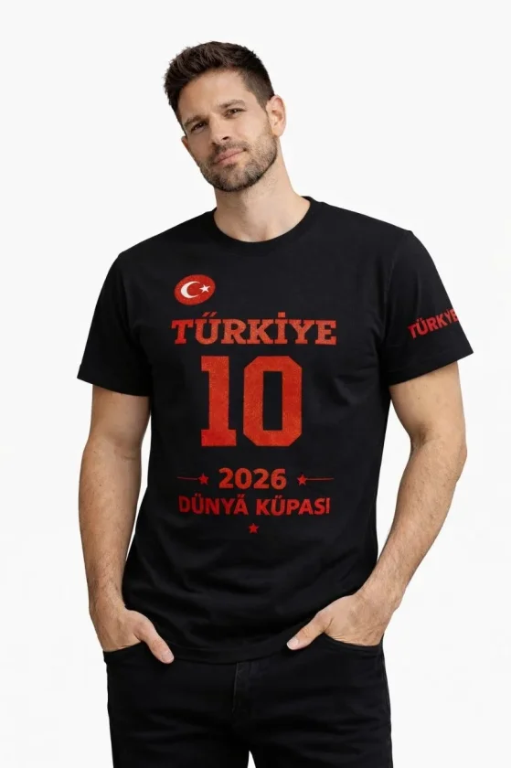 Erkek TÜRKİYE Baskılı Tişört 2026 Dünya Kupası Taraftar Forma T-Shirt - Siyah - Görsel 2