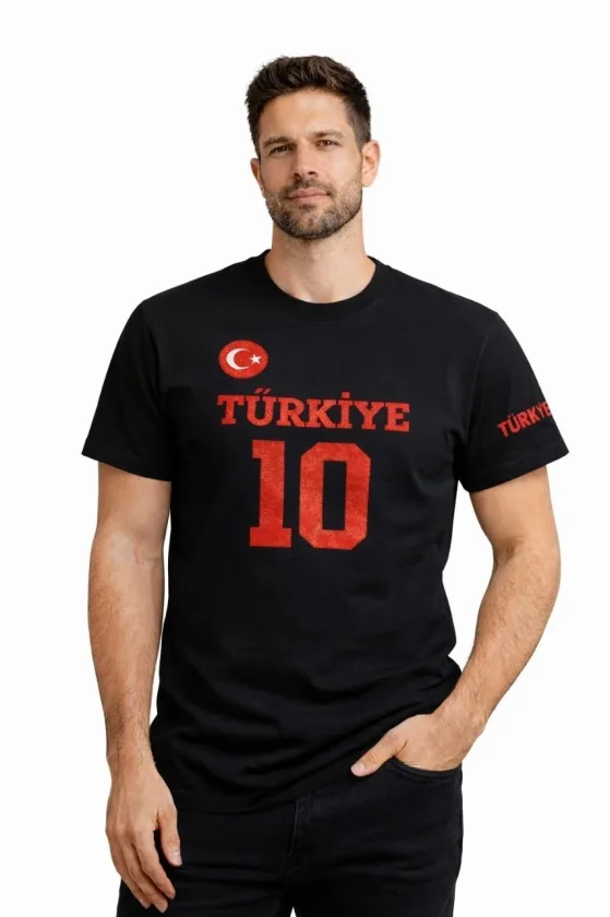 Erkek TÜRKİYE Ay Yıldız Baskılı 10 Numara Forma Tişört Taraftar T-Shirt - Siyah - Görsel 2