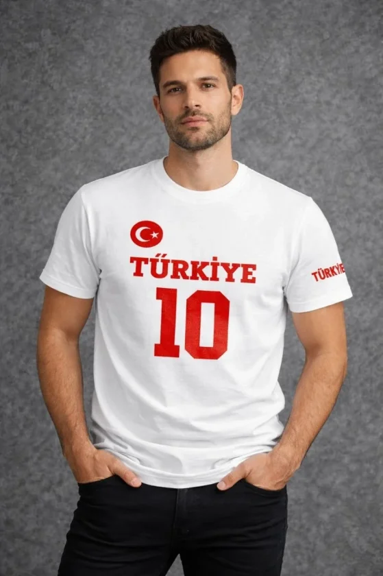 Erkek TÜRKİYE Ay Yıldız Baskılı 10 Numara Forma Tişört Taraftar T-Shirt - Beyaz - Görsel 2