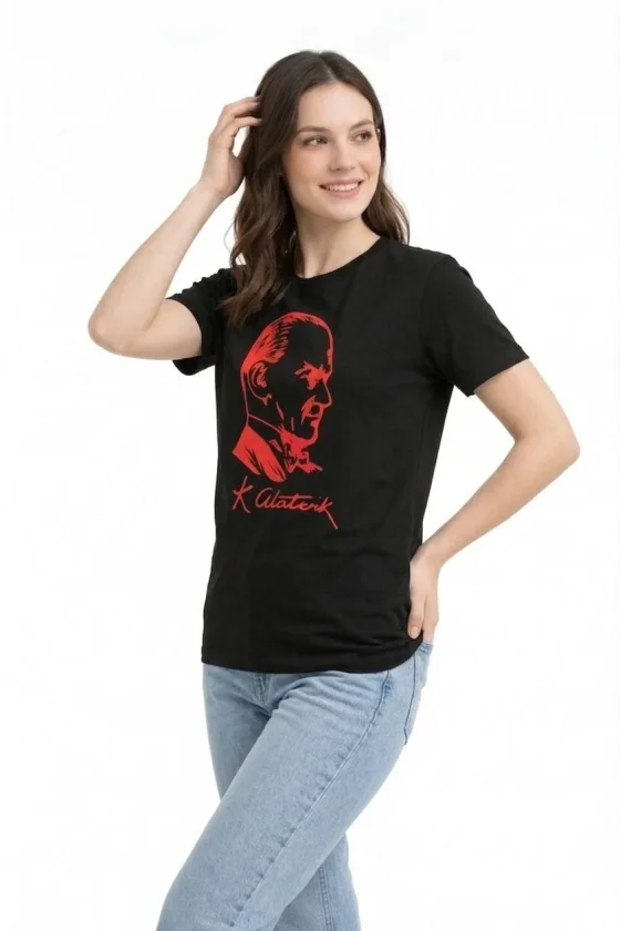 Atatürk Baskılı Tişört Kısa Kollu Bisiklet Yaka T-shirt Siyah