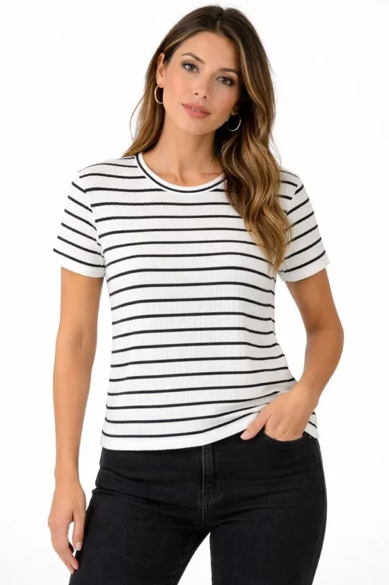Çizgili Yazlık Triko T-shirt Bisiklet Yaka Rahat Kalıp Tişört Beyaz