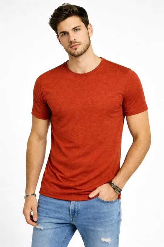 Erkek Flam Kumaş Melanj Dokulu Regular Fit Tişört Bisiklet Yaka Yazlık T-Shirt - Kiremit - Görsel 2