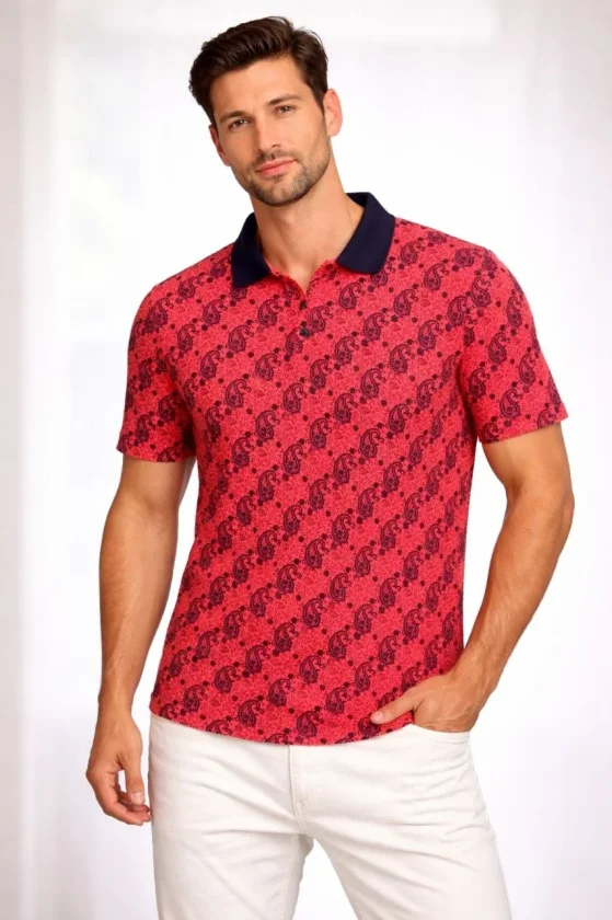 Erkek Pike Kumaş Polo Yaka Palmiye Desenli Tişört Kısa Kol Yazlık T-Shirt - Kırmızı - Görsel 2