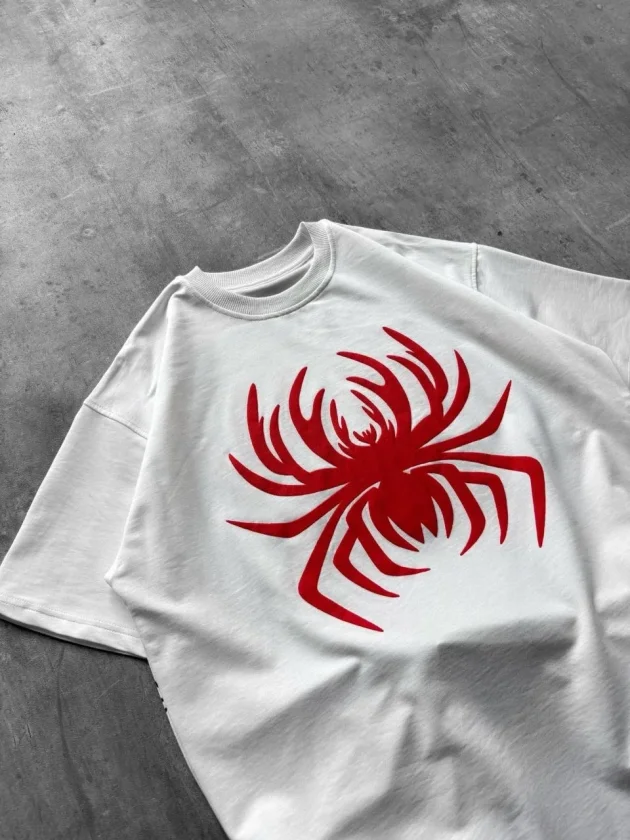 Erkek Örümcek Baskılı Tişört Kısa Kollu Bisiklet Yaka T-Shirt - Beyaz - Görsel 2