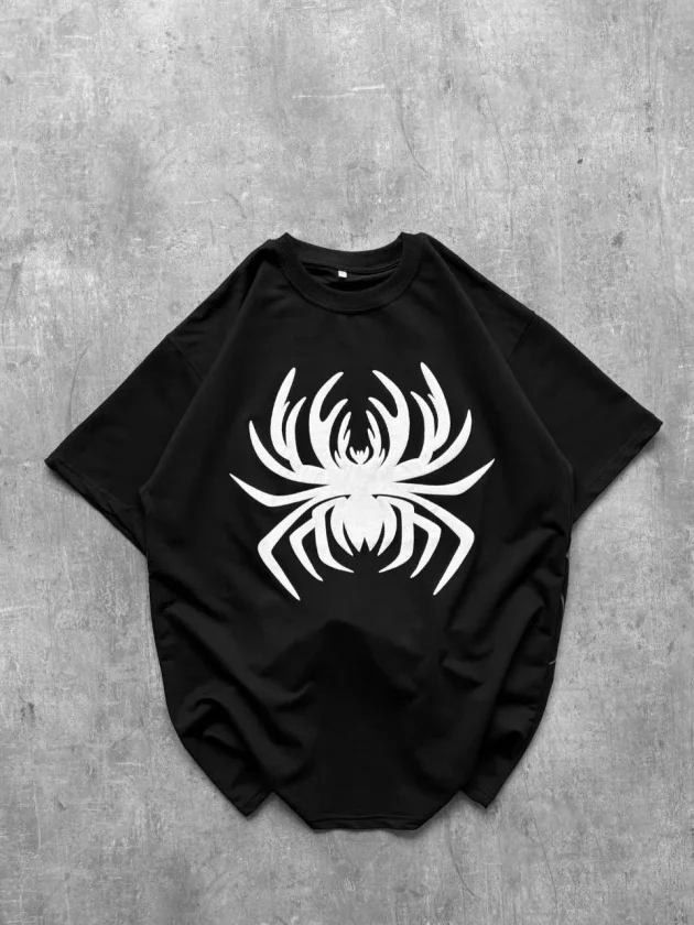 Erkek Örümcek Baskılı Tişört Kısa Kollu Bisiklet Yaka T-Shirt - Siyah - Görsel 2