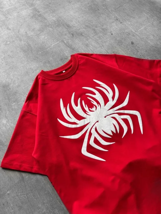 Erkek Örümcek Baskılı Tişört Kısa Kollu Bisiklet Yaka T-Shirt - Kırmızı - Görsel 2