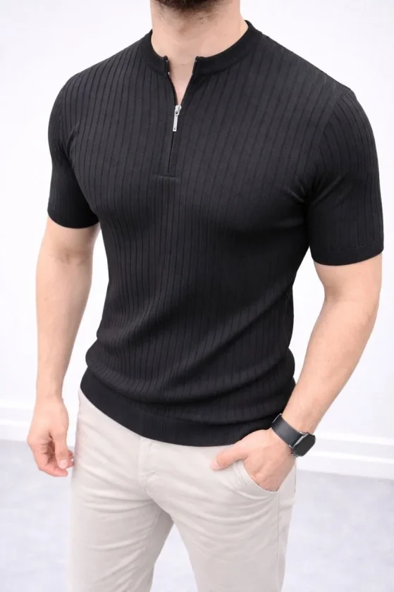 Erkek Kısa Kol Fitilli Triko T-Shirt Yazlık Hakim Yaka Tişört - Siyah - Görsel 2