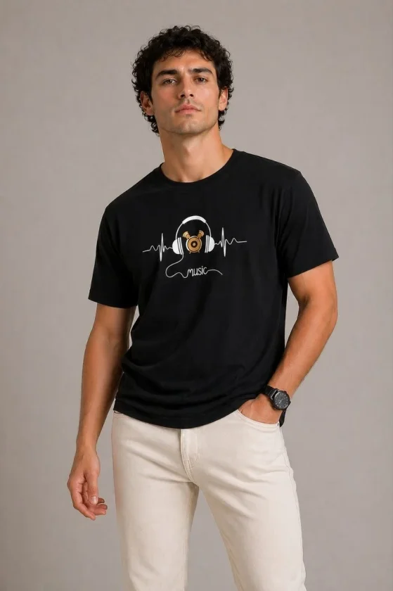 Erkek Müzik Temalı Baskılı Tişört Bisiklet Yaka Kısa Kol T-Shirt - Siyah - Görsel 2