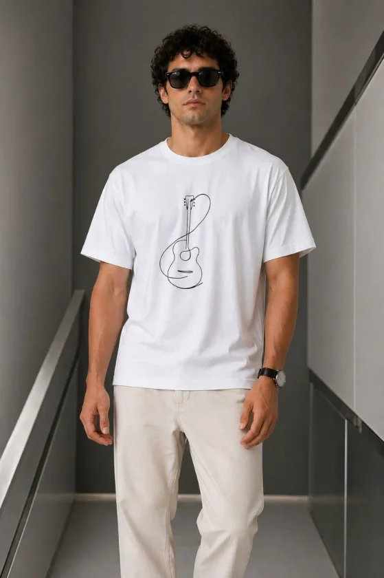 Erkek Minimal Gitar Baskılı Tişört T-Shirt Yazlık Kısa Kol Bisiklet Yaka T-Shirt - Beyaz - Görsel 2