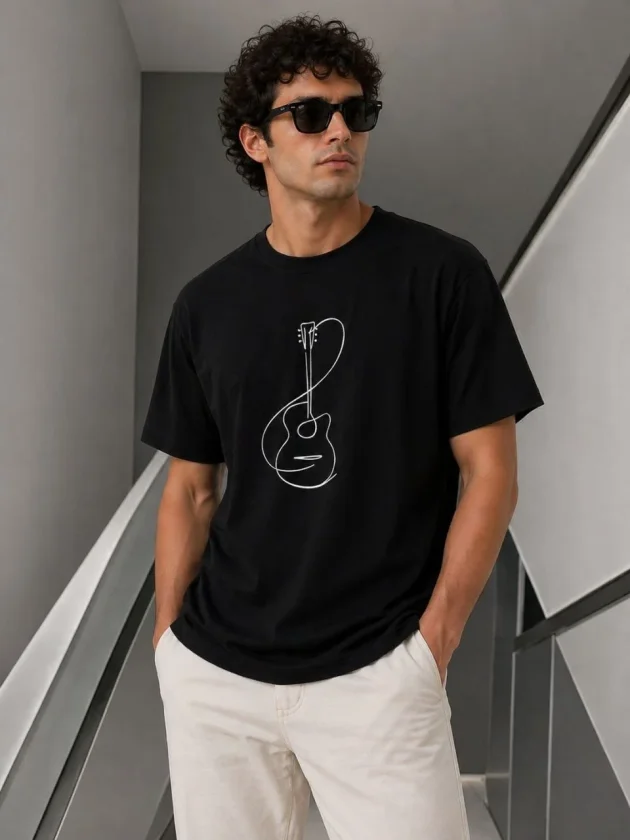 Erkek Minimal Gitar Baskılı Tişört T-Shirt Yazlık Kısa Kol Bisiklet Yaka T-Shirt - Siyah - Görsel 2