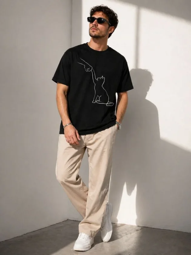 Erkek Minimal Kedi Çizim Baskılı Tişört Kısa Kol Yazlık T-Shirt - Siyah - Görsel 2