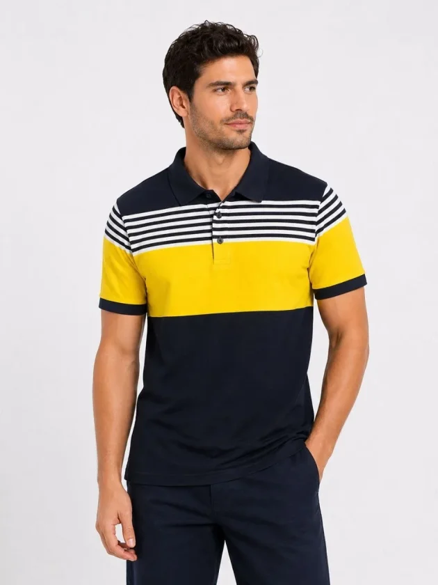 Erkek Pike Kumaş Çizgili Polo Yaka Tişört Kısa Kol Yazlık T-Shirt - Lacivert - Görsel 2