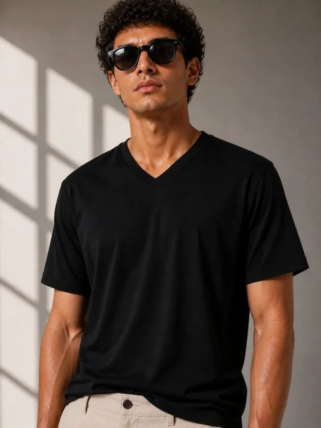 Erkek V Yaka Basic Tişört Kısa Kol Yazlık Regular Fit T-Shirt - Siyah - Görsel 2
