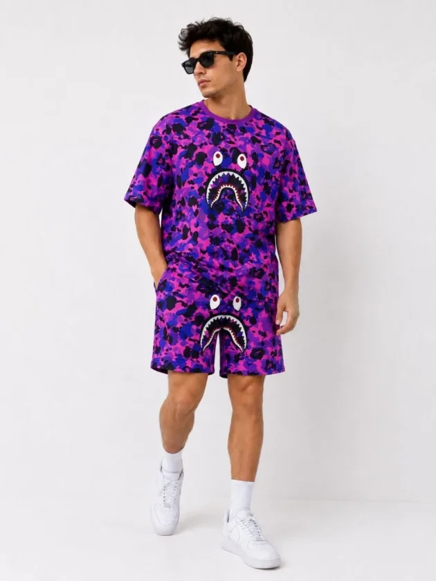 Erkek Oversize Kalıp Pubg Bape X Shark Nakışlı Cepli Şort Takım - Mor - Görsel 2