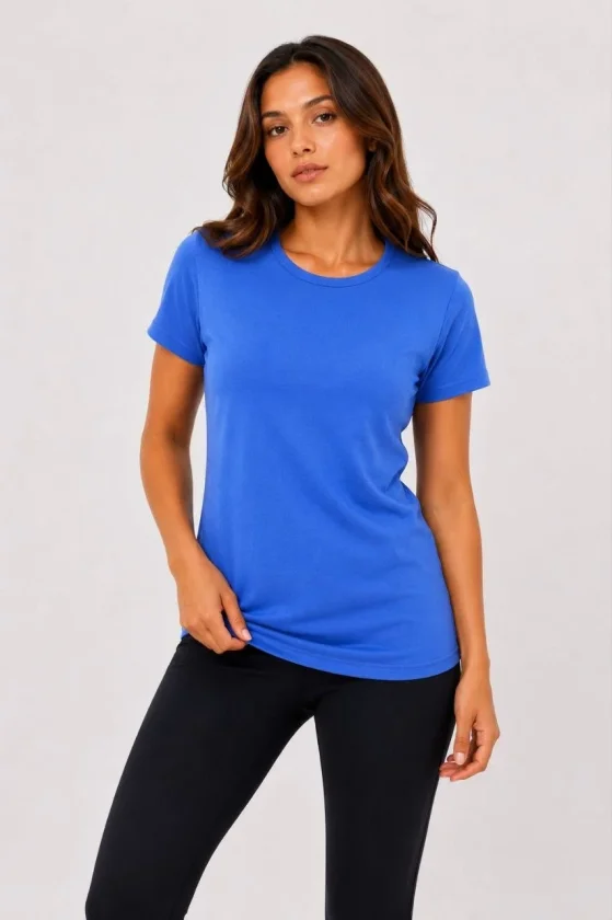 Basic Tişört Bisiklet Yaka Kısa Kol Günlük Yazlık Slim Fit T-shirt Mavi