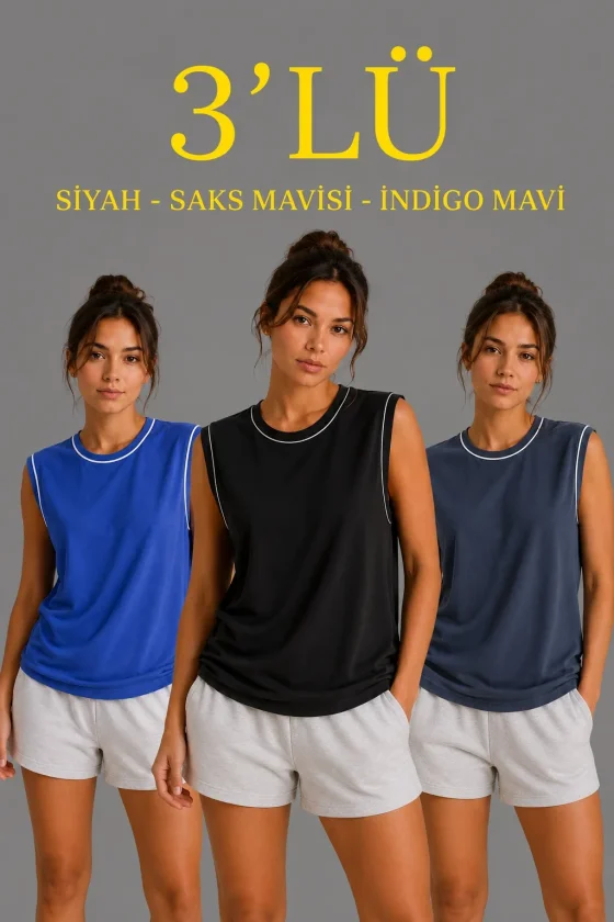 3’Lü Kolsuz Sporcu Atlet Seti Yazlık Bisiklet Yaka Siyah, Saks Mavisi, İndigo