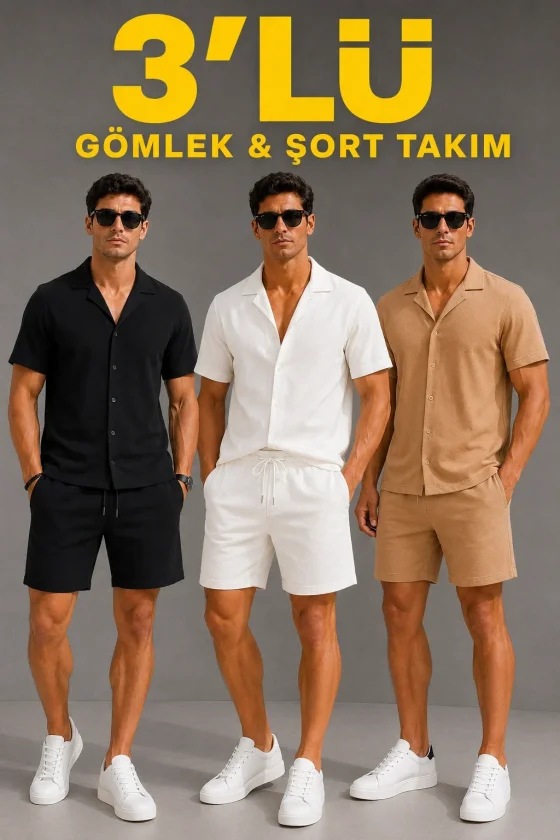 Erkek 3’Lü Krep Kumaş Cepli Gömlek Şort Takım Kısa Kollu Bağcıklı Siyah Beyaz Bej