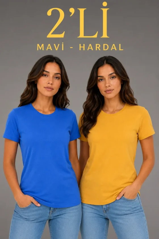 Basic Bisiklet Yaka Yazlık Slim Fit T-shirt Mavi Hardal Sarısı