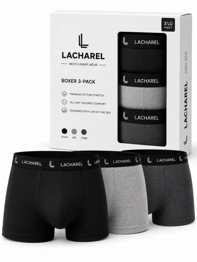 Erkek Likralı Pamuklu Nefes Alan Penye Boxer 3Lü Paket Siyah Gri Füme