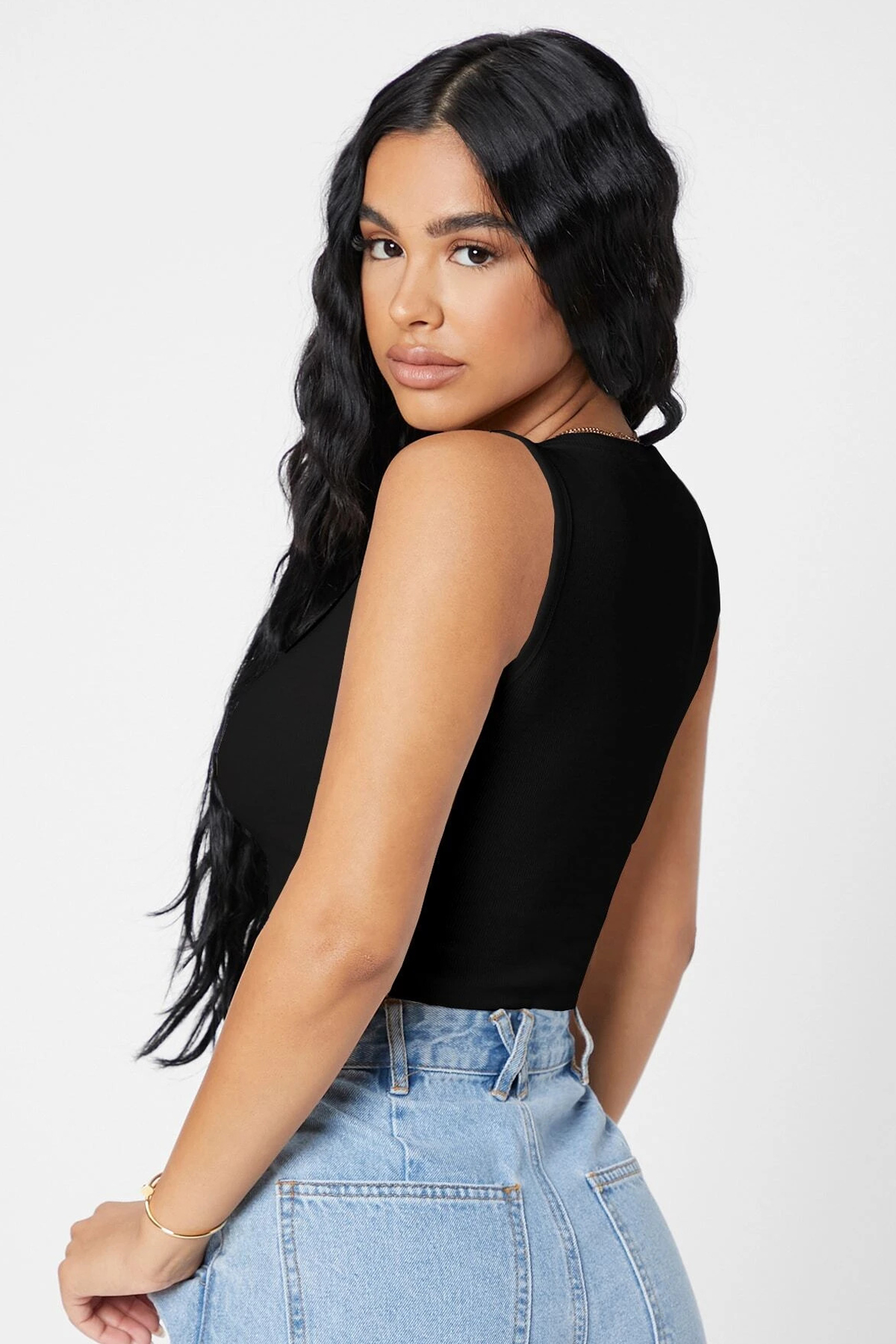 Kadın Siyah Kare Yaka Crop Top Bluz