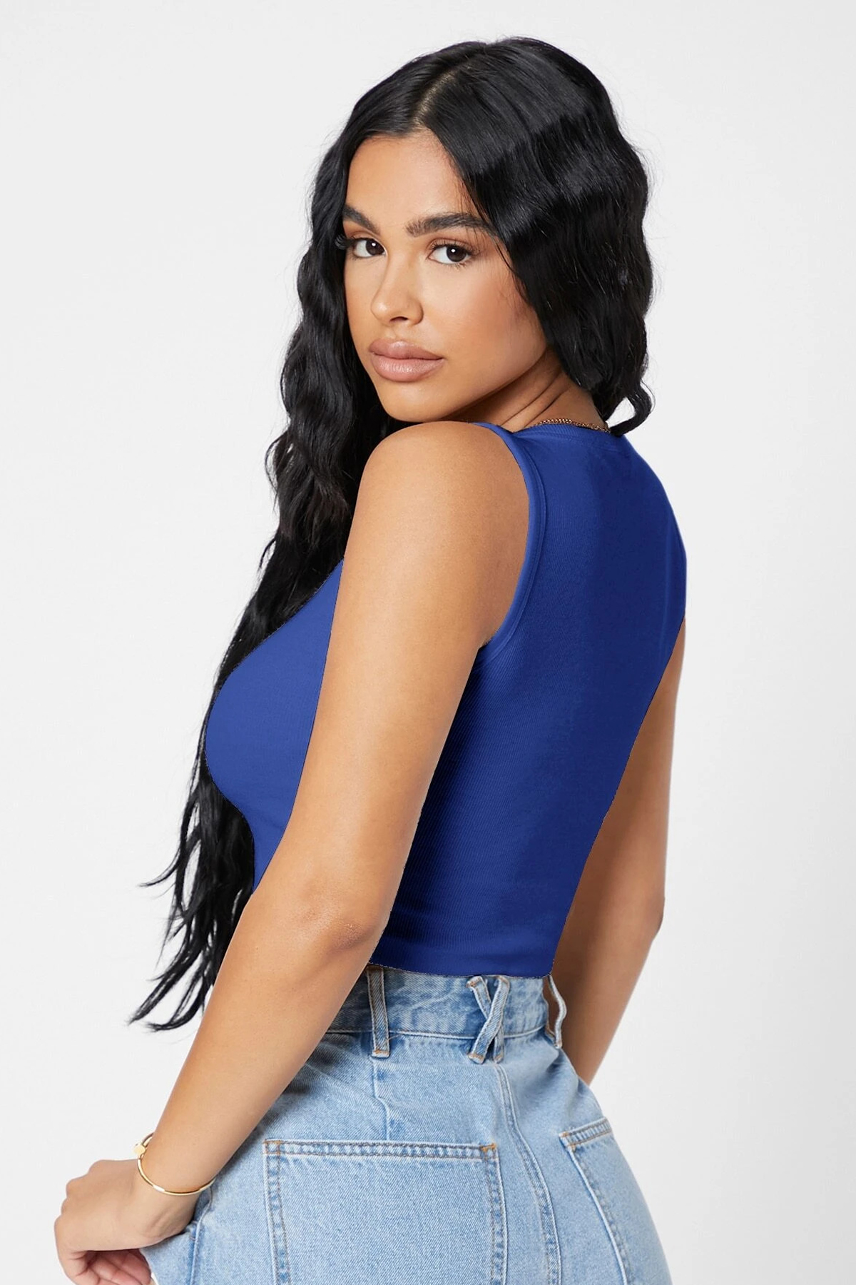 Kadın Lacivert Kare Yaka Crop Top Bluz