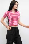Shirt Collar Striped Knitwear Blouse Pink