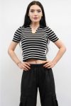Shirt Collar Striped Knitwear Blouse Black