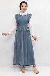 Moda Çizgi Frilly Salopet Denim Dress Dark Blue