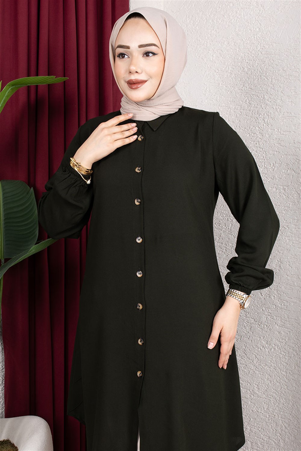 manseti-lastikli-viskon-tunik-koyu-haki-393420-79-B blank